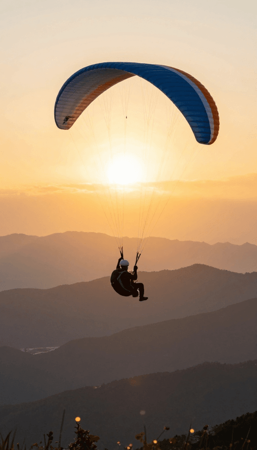 剪影艺术素材：落日余晖中滑翔伞运动员剪影：动感户外冒险