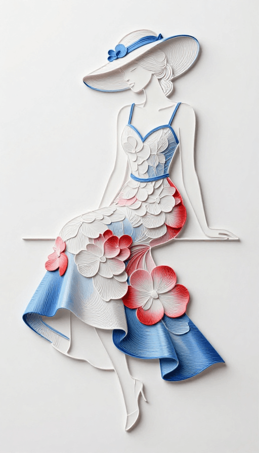 高端宣传素材：优雅线条：花瓣质感女性全身插画