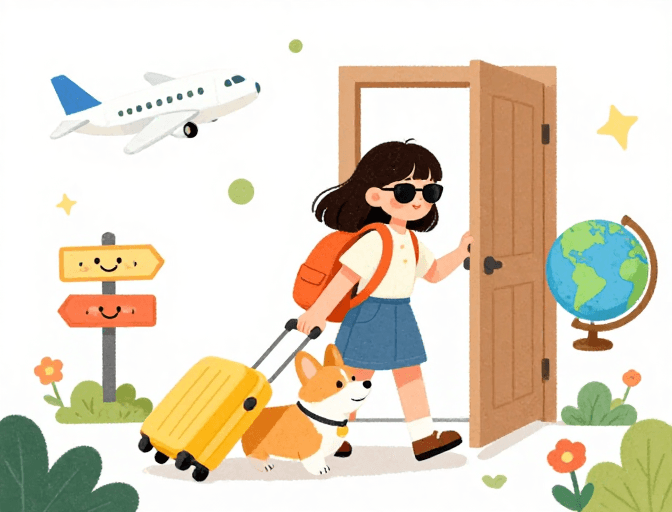 轻松氛围素材：童趣探险：女孩携柯基开启梦幻旅行