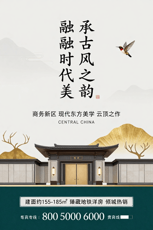 高端宣传素材：新中式商务地产宣传海报：承古韵融时代之美