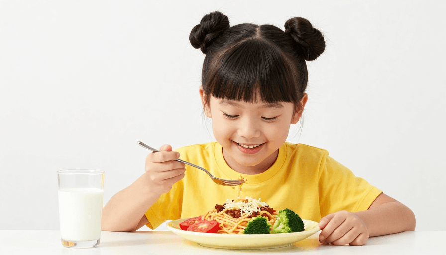 健康饮食素材：亚洲女孩微笑享用美味意面