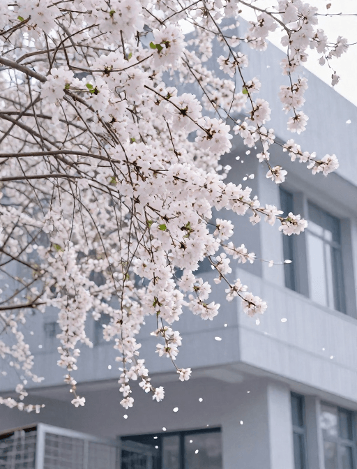 海棠花素材：海棠与现代建筑的圣洁邂逅：初雪滤镜下的油画质感