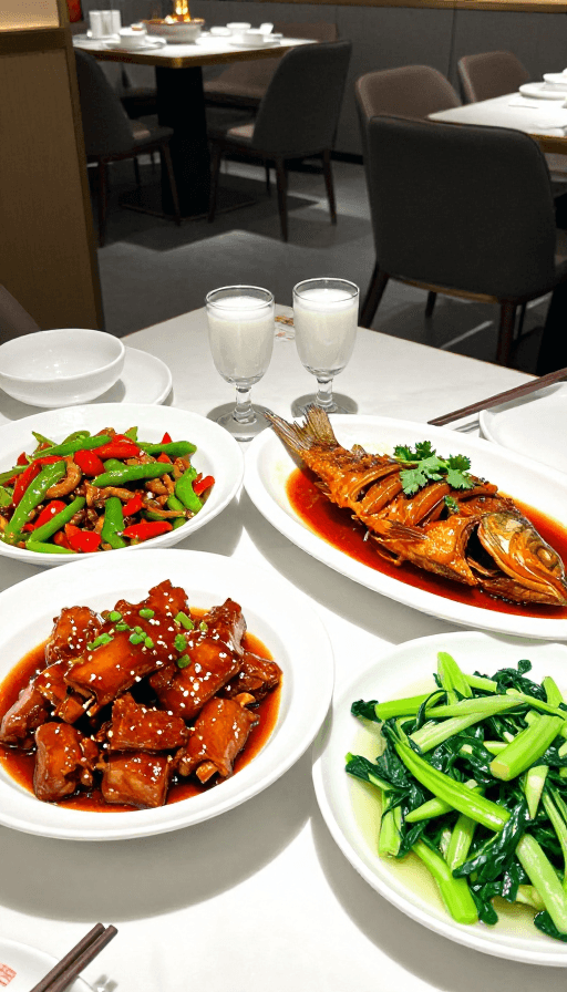 中式餐饮素材：温馨中式餐桌：传统佳肴与白酒的烟火氛围