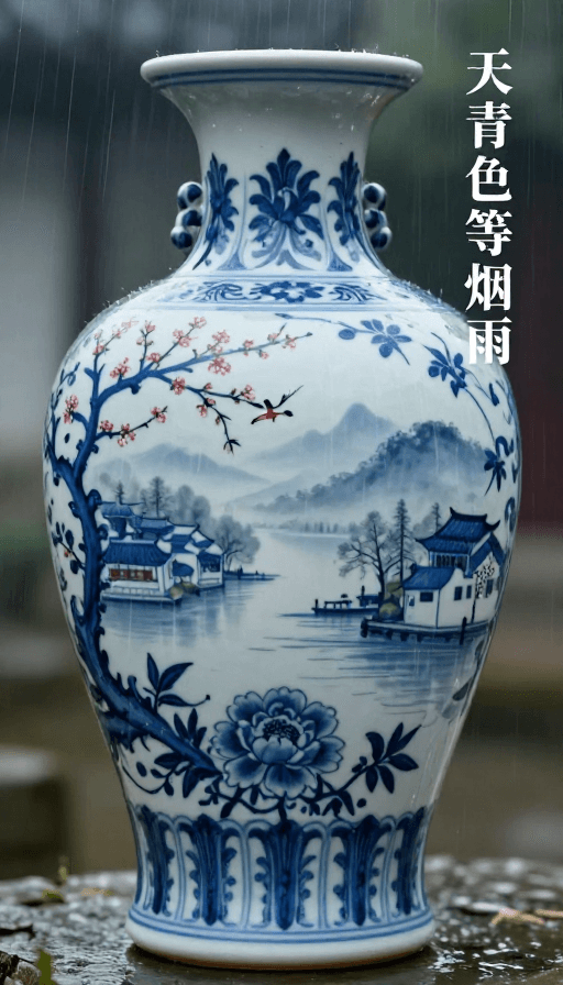 微距摄影素材：青花瓷瓶透视江南烟雨：元代牡丹纹微距电影感