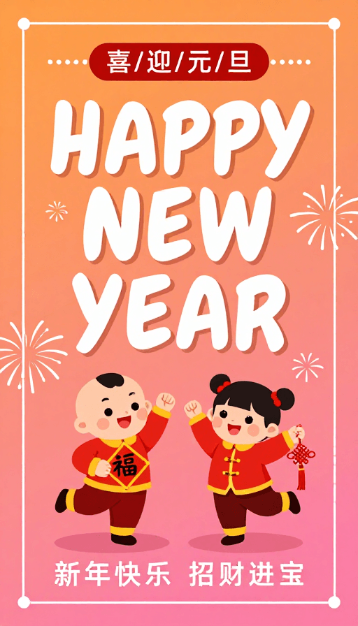 卡通人物素材：新春快乐：现代插画融合传统节庆的温馨新年贺卡