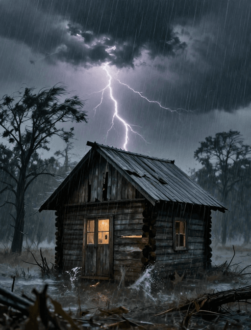 纪实摄影素材：暴雨夜下的孤木屋：紧张与危险交织