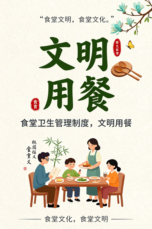 家庭聚餐素材：水墨风‘文明用餐’公益海报，传承食堂文化