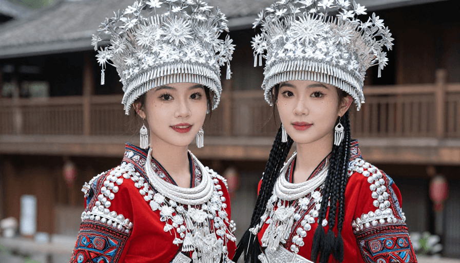 苗族素材：苗族双姝：传统服饰人像写真