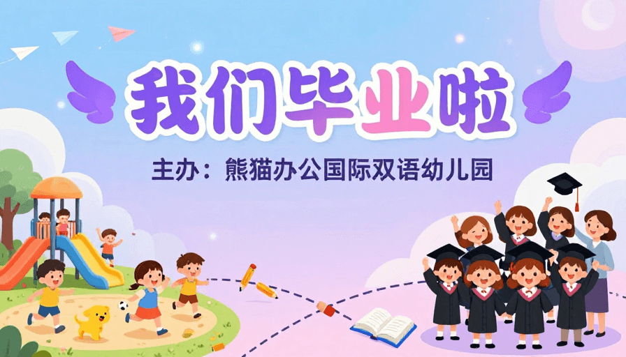 毕业庆典素材：童趣卡通毕业庆典海报，梦幻清新风格