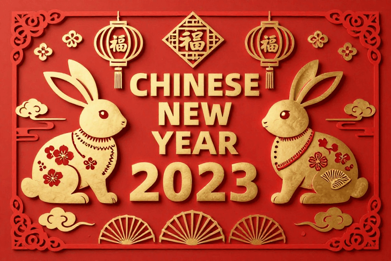中国新年素材：金红剪纸新春祝福：2023年中国新年主题设计
