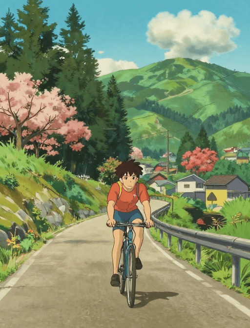 动漫插画素材：青春骑行·宫崎骏风山间美景