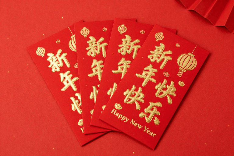 春节红包素材：三叠红包迎新年 金红喜庆氛围摄影