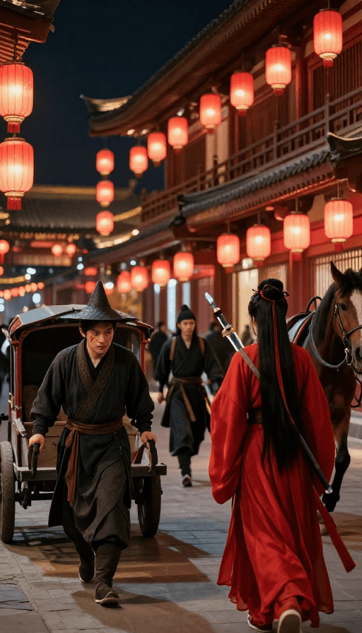 夜景氛围素材：长安夜雨：诡红灯笼下的江湖侠客
