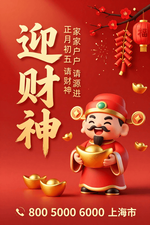 传统插画素材：迎财神·新春财运满满，传统喜庆插画风