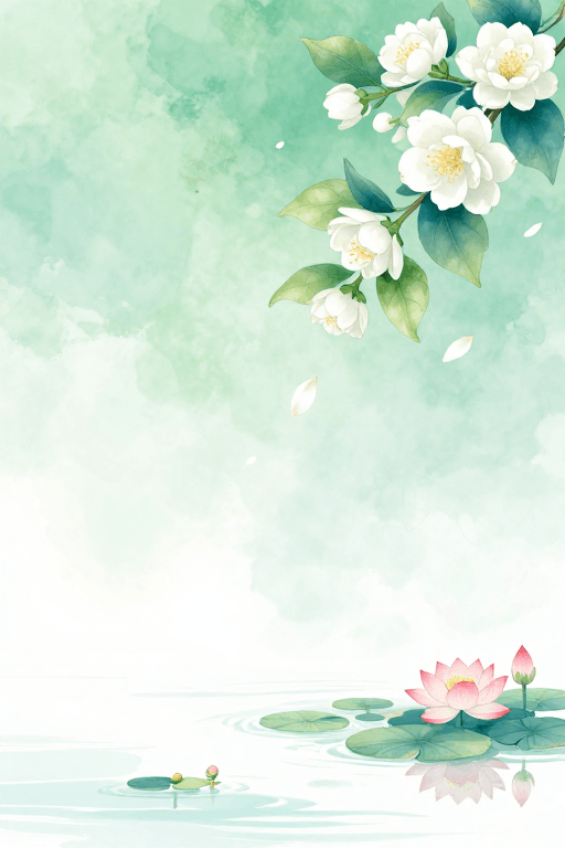 水彩晕染素材：青绿晕染茉莉莲影水墨意境插画