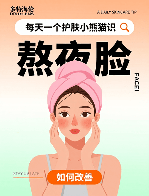 社交媒体素材：熬夜脸肌肤修复指南：扁平插画科普海报