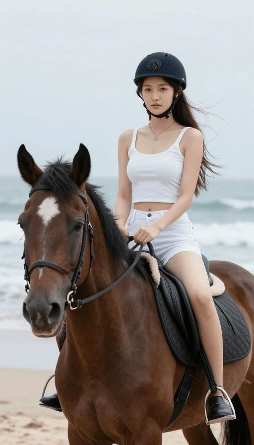 度假风情素材：海边骑马美女：自由与自然的美丽融合