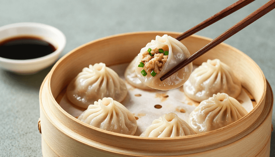 小笼包素材：精致小笼包特写：清冷光影下的美味诱惑