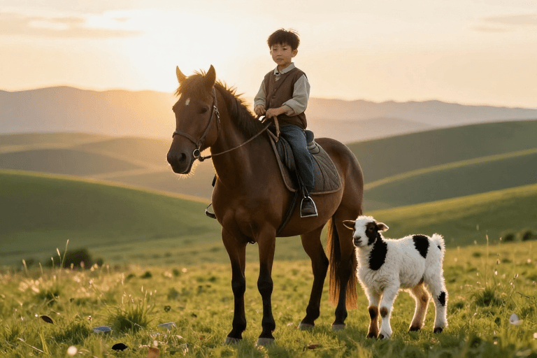 亲子时光素材：夕阳草原奇遇：小男孩与羊羔的静谧时刻