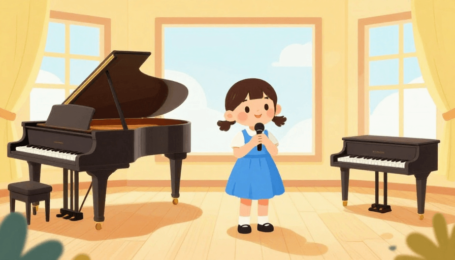 清新色彩素材：少儿钢琴声乐表演卡通插画，柠檬蓝天蓝光影