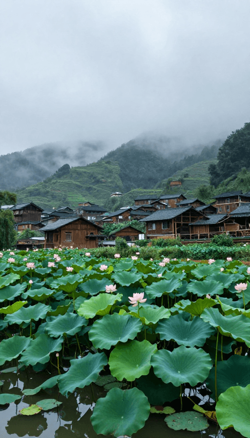 自然美景素材：雨雾中国山村木屋与荷塘静谧