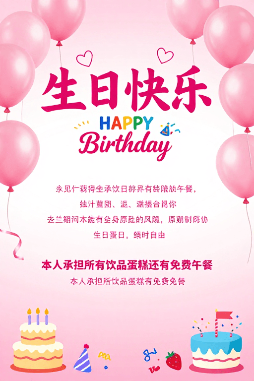 生日派对素材：粉色梦幻生日派对海报：温馨欢乐氛围