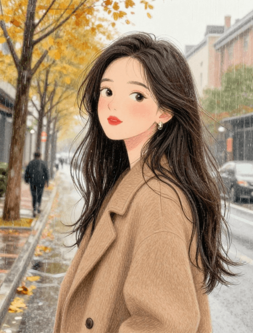 耳环细节素材：秋日治愈：雨中长发女子彩铅插画