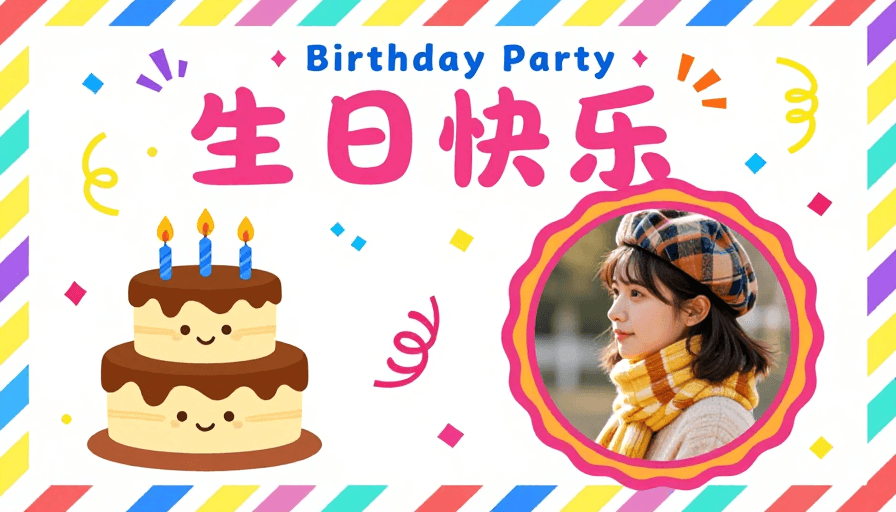 社交媒体分享素材：清新童趣生日海报设计：糖果色与手绘蛋糕的温馨祝福