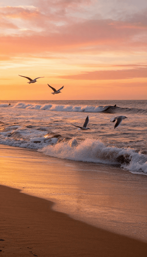 海洋风光素材：夕阳海滩：海鸥与冲浪者的电影瞬间