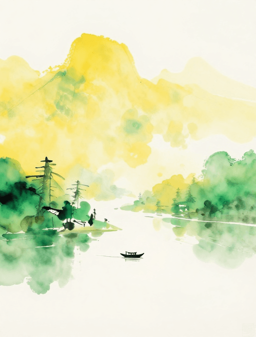 水墨山水画素材：点彩水墨晕染：门泊东吴万里船之静谧山水