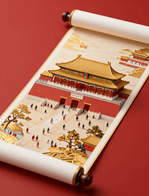 传统元素素材：红金交织的微型故宫画卷：现代中式特写