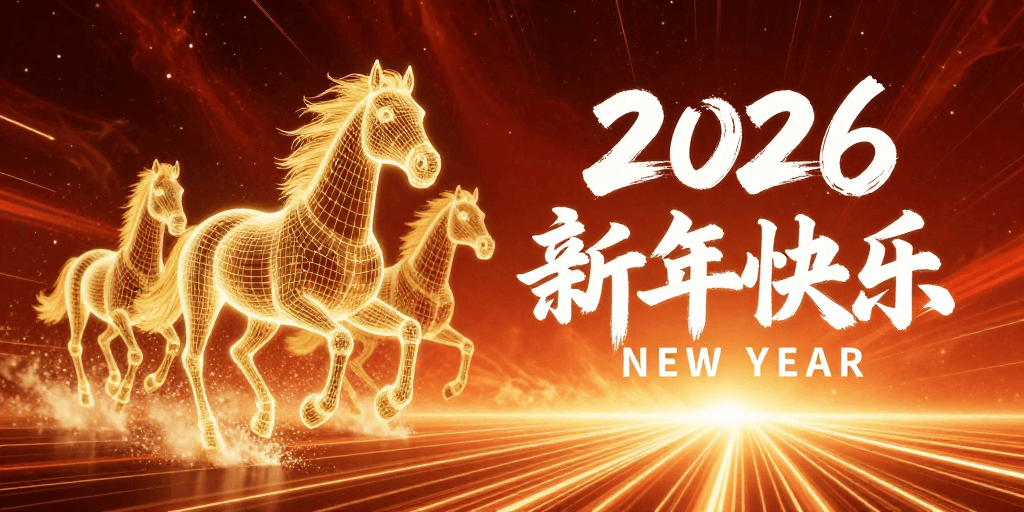 科技氛围素材：未来庆典：金色骏马奔涌闪耀2026新年快乐