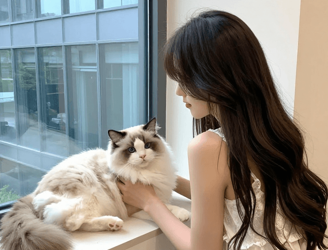 室内摄影素材：长发少女与布偶猫在现代窗边的温馨瞬间