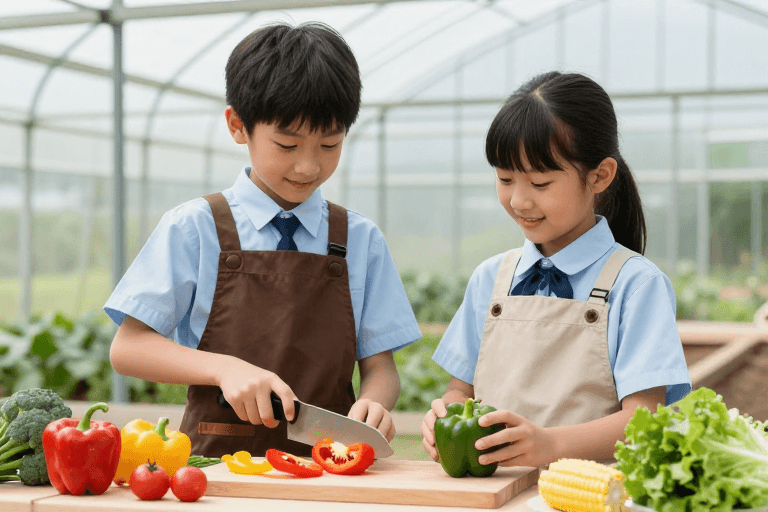 教育科普素材：清新校园：温室蔬菜切配教学场景