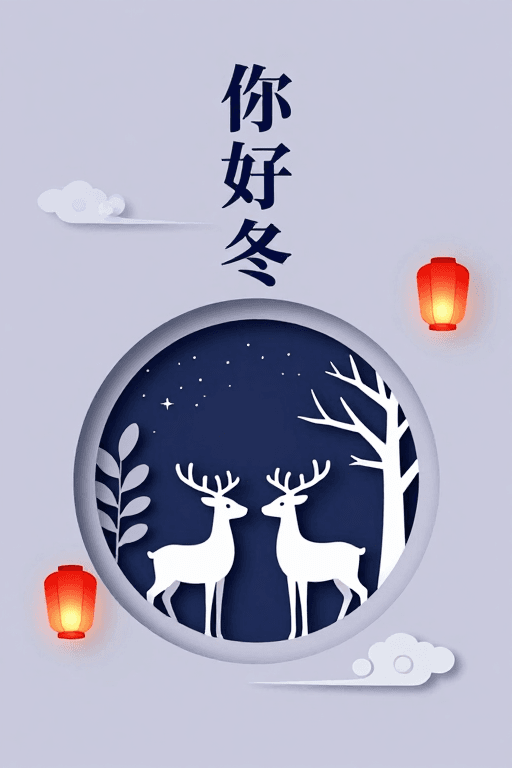 纸艺剪影素材：极简冬日意境：你好冬天海报设计