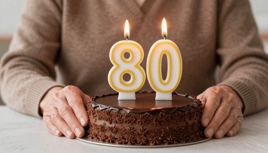 暖光摄影素材：八十寿辰特写：温馨暖意生日蛋糕