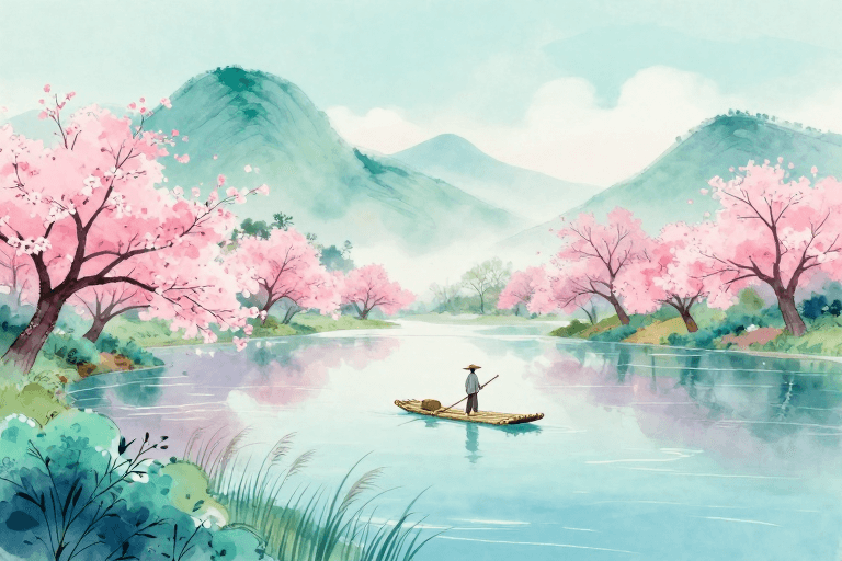 文化素材素材：春日青蓝粉紫水墨画卷