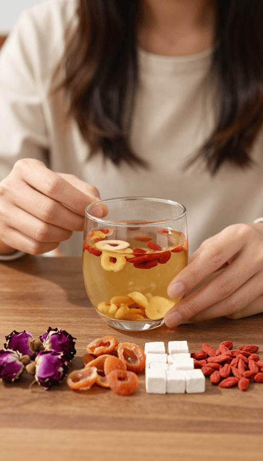 养生茶饮素材：养生女性日常：玫瑰桂圆茯苓枸杞润养茶