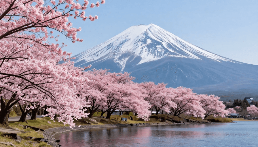 富士山素材：富士雪顶映湖樱：蓝粉高对比自然风光