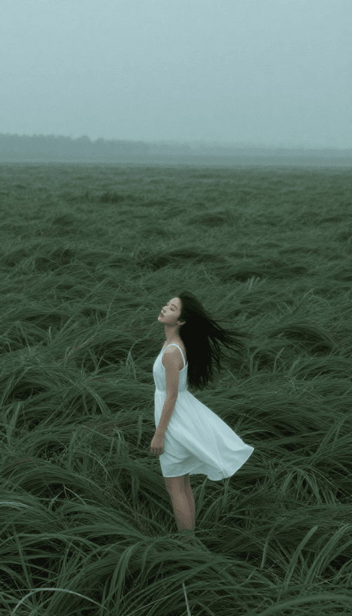 动态模糊素材：青雾漫野：低饱和少女与风中的诗意瞬间