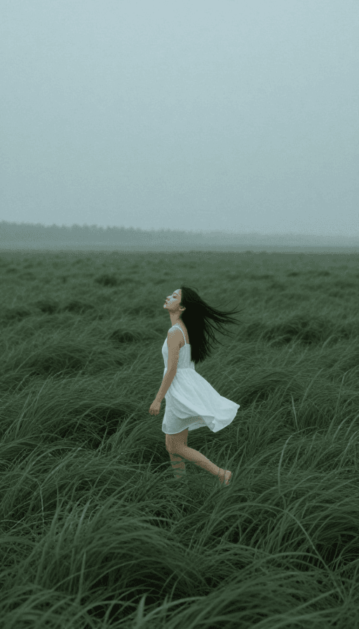 暗调质感素材：青绿诗境：雾中少女与草浪的静谧瞬间