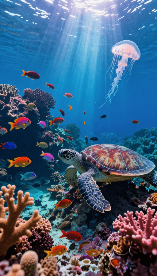海洋生物素材：神秘深海：五彩珊瑚与海洋生物的光影奇观
