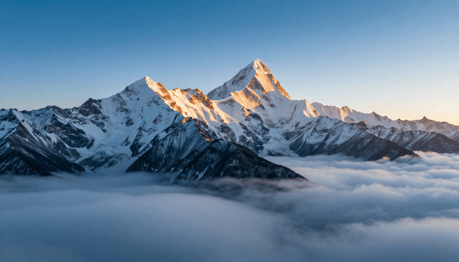 晨曦光影素材：巍峨雪峰云海晨曦：极致风光摄影