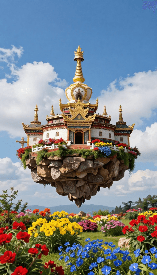 梦幻风格素材：云端仙寺：悬浮山巅的梦幻古刹与绚烂花景