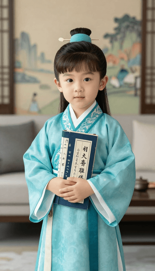 高清晰摄影素材：古风少年抱诗卷归家，青蓝汉服映现代客厅
