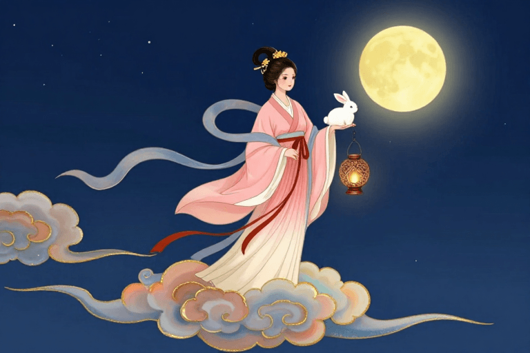 UI适配素材：东方神话：月下祥云中的古典仕女