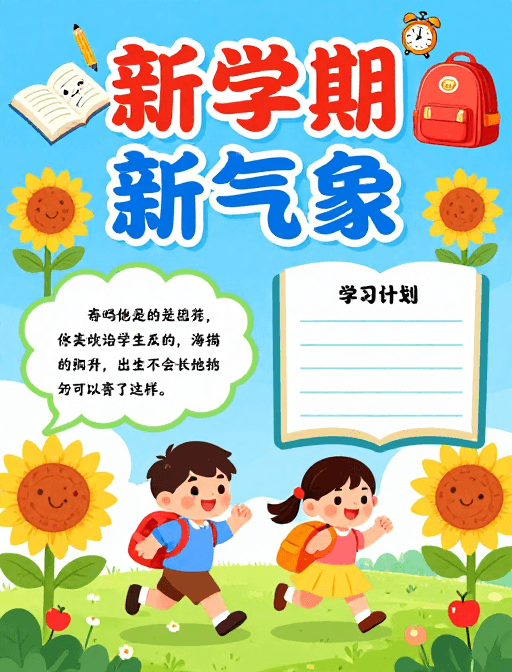 手抄报设计素材：新学期新气象：童趣手绘开学海报