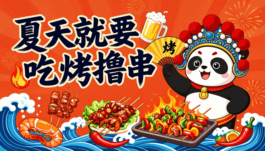 夏日促销素材：夏日国潮烧烤海报：熊猫庆食会，现烤更香