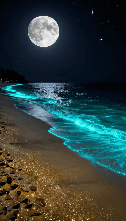 夜晚风景素材：梦幻荧光海滩·哑光艺术夜景