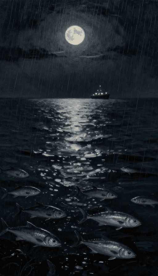 深海夜景素材：月夜深海：暴雨后的梦幻油绘鱼跃
